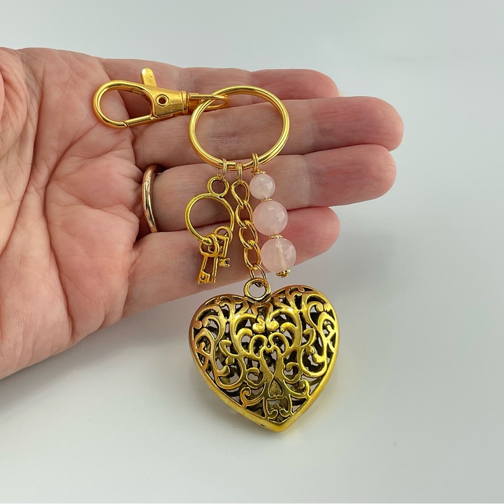 Gold Filigree Heart Purse Charm, Key Chain, Rose Quartz & Miniature Keys Charm - Picture 5 of 7